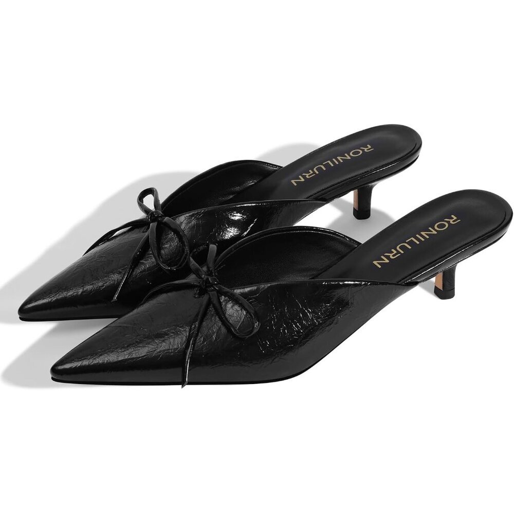 👉 RONILURN Kitten Heel Black Faux Leather Women Pumps Bow Closed Toe Pointed Toe